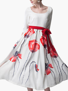 Robe maxi en chiffon blanc imprimé fleuri avec ceinture