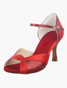 Chaussures danse latine rouges à talon évasé et bout ouvert