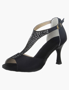 Chaussures de latine en soie et satin noire à talon évasé