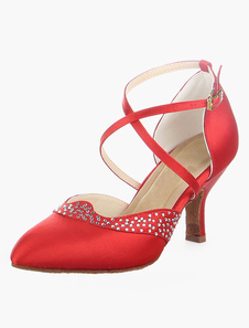 Chaussures de danse latine rouges à bout pointu avec strass