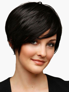 Perruque courte noire ébouriffée droite à frange oblique