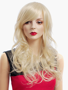 Perruque longue dorée claire de frange oblique