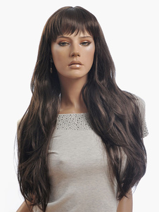 Perruque longue droite châtaigne en fibre frange droite