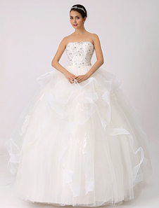 Robe de mariée bustier en tulle ivoire avec perles