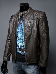 Veste homme en PU marron foncé de col montant