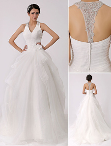 Robe mariée en organza ivoire avec fleur à col V