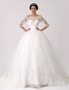 Robe mariée en tulle ivoire avec dentelle hors de l'épaule