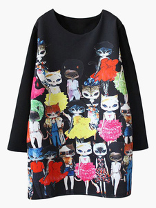 Robe droite en coton noir imprimé de dessins animés