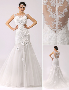 Robe de mariage sirène en tulle ivoire avec fleur