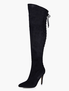 Cuissardes à talon aigu en micro daim noir
