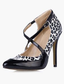 Escarpins à bout pointu et talon aigu en PU noir à motif léopard