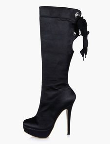 Bottes mi-mollet noires à bout rond en fausse soie