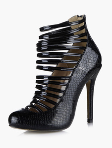 Bottine à talon aigu en PU verni noir et motif serpent