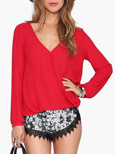 Blouse en coton unicolore à col V manche longue