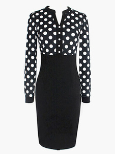 Robe noire à pois moulante de col V manche longue