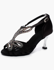 Chaussures de latine noires à talon évasé et bout ouvert