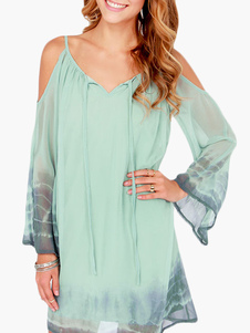 Robe droite en polyester céladon ondé épaules ouvertes