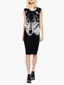 Robe droite mode en polyester noir imprimé loup