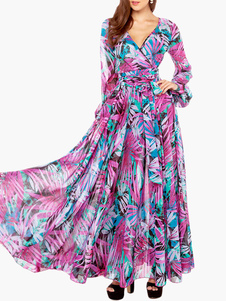 Robe maxi en polyester multicolore imprimé fleuri col V