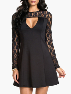 Robe skater en polyester noir creusé avec dentelle