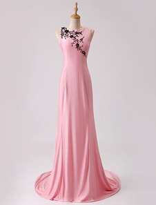 Robe de soirée fourreau en polyester rose avec perles