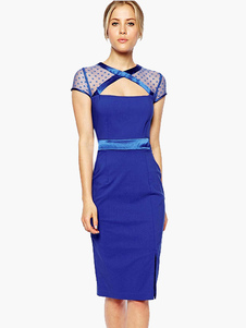 Robe bodycon creusée fendue en polyester bleu avec dentelle
