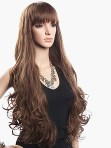 Perruque longue marronne claire en fibre boucles en spirale