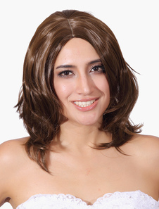 Perruque moyenne frisée marronne en fibre raie au milieu