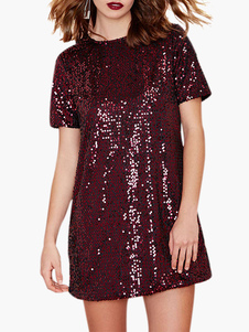 Robe droite en polyester bordeaux avec paillettes