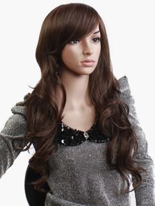 Perruque longue marronne en fibre de frange oblique