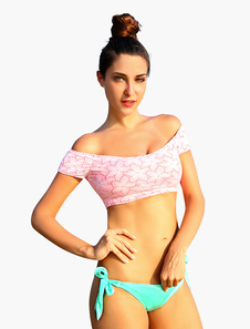 Maillot de bain 2 pièces bicolore avec dentelle hors de l'épaule