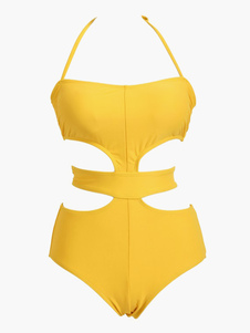 Bikini 1 pièce en lycra spandex jaune unicolore creusé