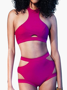 Maillot de bain 2 pièces en lycra spandex rose creusé