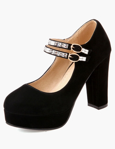 Escarpins plateforme à talon épais en micro daim avec strass