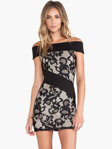 Mini robe en polyester noir avec dentelle hors de l'épaule