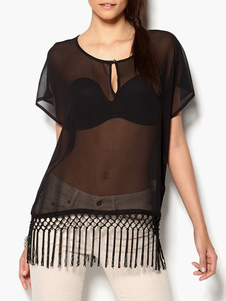 Blouse en chiffon unicolore avec frange à demi-transparence