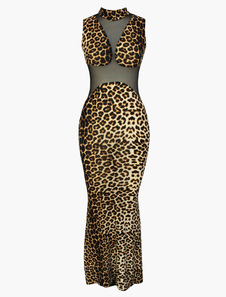 Robe maxi en polyester à motif léopard col roulé