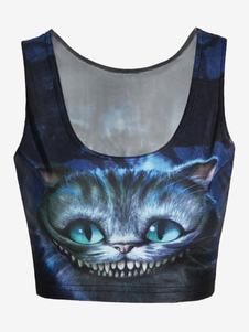 Top cropped noir en polyester imprimé chat