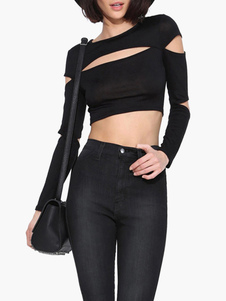 Top cropped noir en polyester unicolore creusé