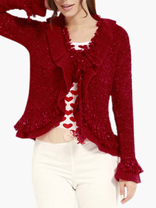 Cardigan féminin rouge plissé à volants