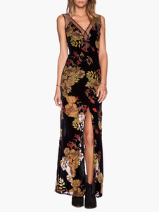 Robe longue fendue en chiffon imprimé fleuri dos décolleté