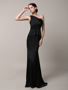 Robe de soirée A-ligne en polyester noir plissé à une épaule