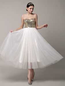 Robe de bal A-ligne avec paillettes or multicouche longueur mollet