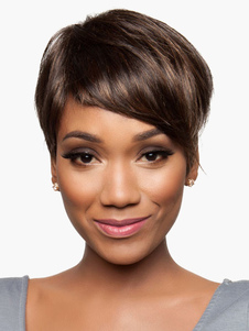 Perruque courte de cheveux humains marronne frange oblique