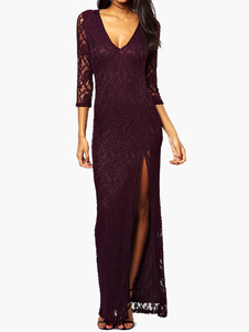 Robe longue fendue en dentelle unicolore à col V