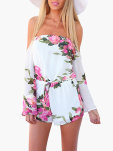 Combinaison blanche plissée imprimée fleurie épaules ouvertes