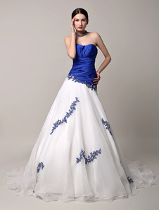 Robe de mariée bleue royale color-block avec dentelle à traîne