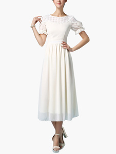 Robe maxi en chiffon plissé beige unicolore à volants