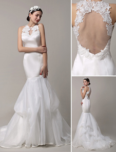 Robe de mariée ivoire avec dentelle cou translucide à traîne