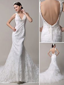 Robe de mariage ivoire plissé col V à dos nu avec traîne